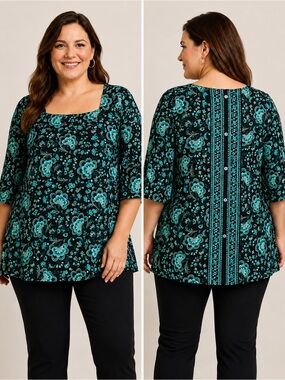 J Jill Wearever Button Back Top 4X Floral Teal Tunic Stretch Flowy Boho NWT